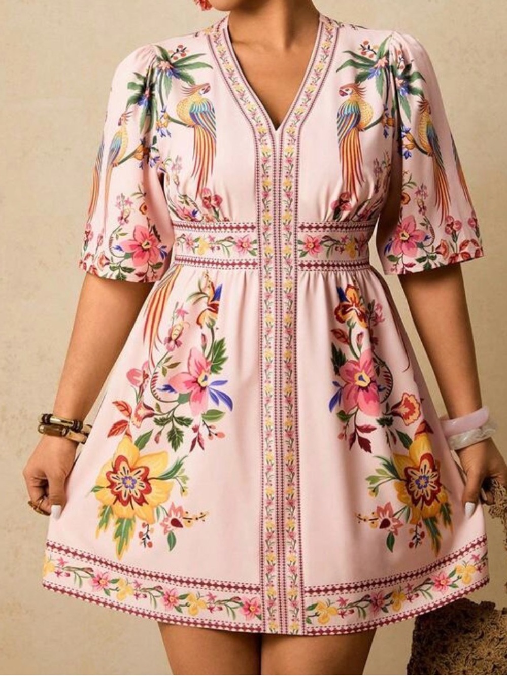 Pink Floral V-Neck Short Dress with Bird Motif